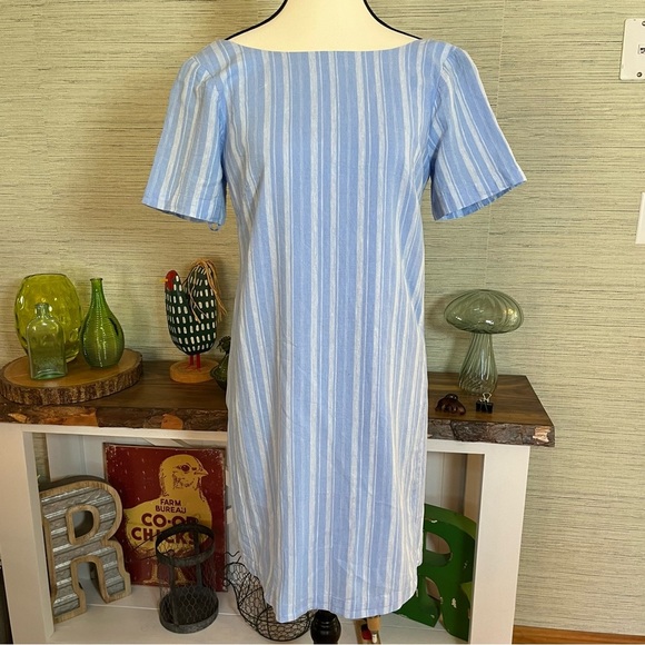 Anthropologie || Cape May Mini Bow Back Dress Linen Blend Blue Stripe Size 4 - Picture 7 of 11